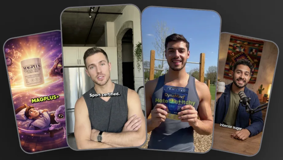 Four AI actors each holding a different product
