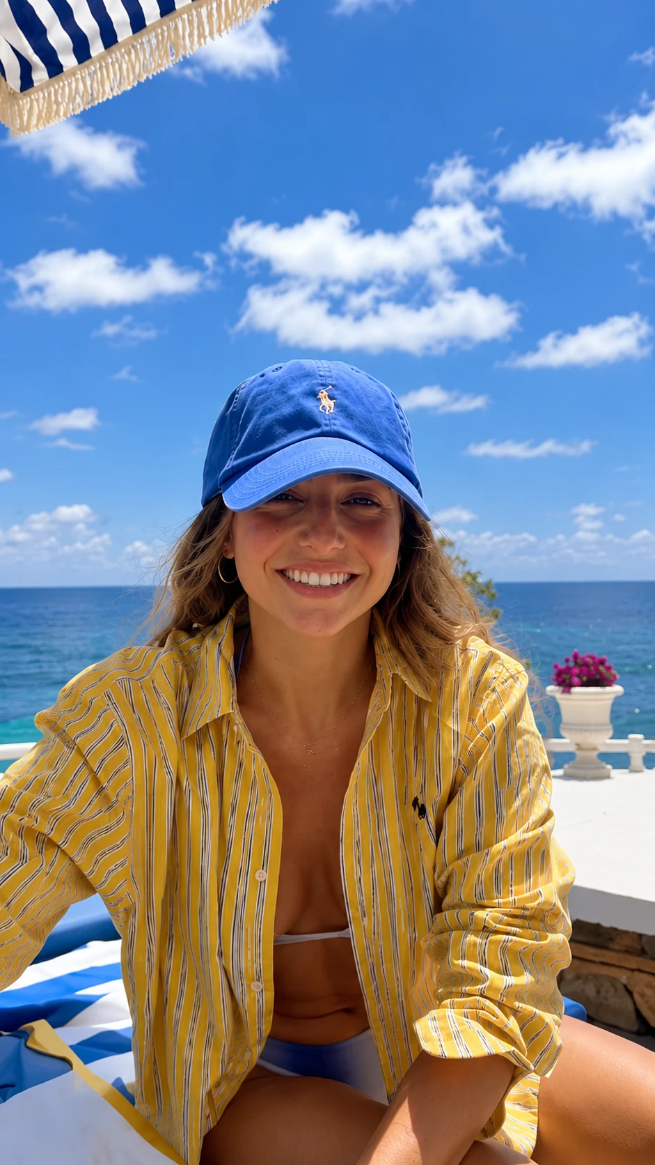 Reference ad: creator at the beach in a blue cap