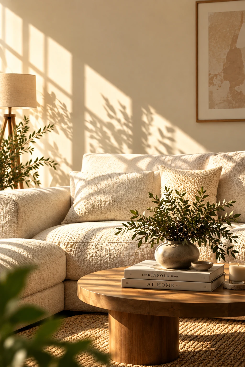 Original image: sunlit living room with sofa and coffee table